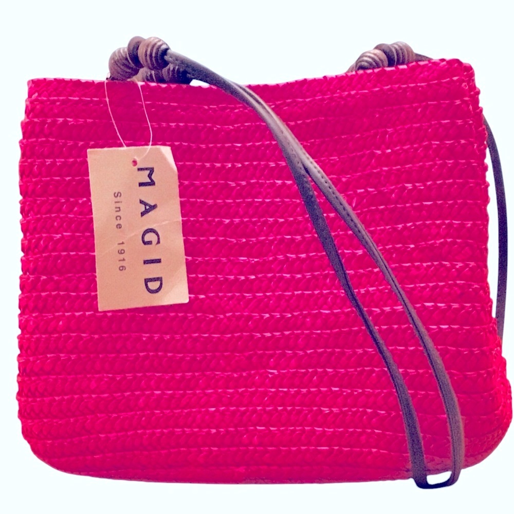 🆕 MAGID Straw Bucket Shoulder Bag Fuchsia Pink Bead Accents Medium Size